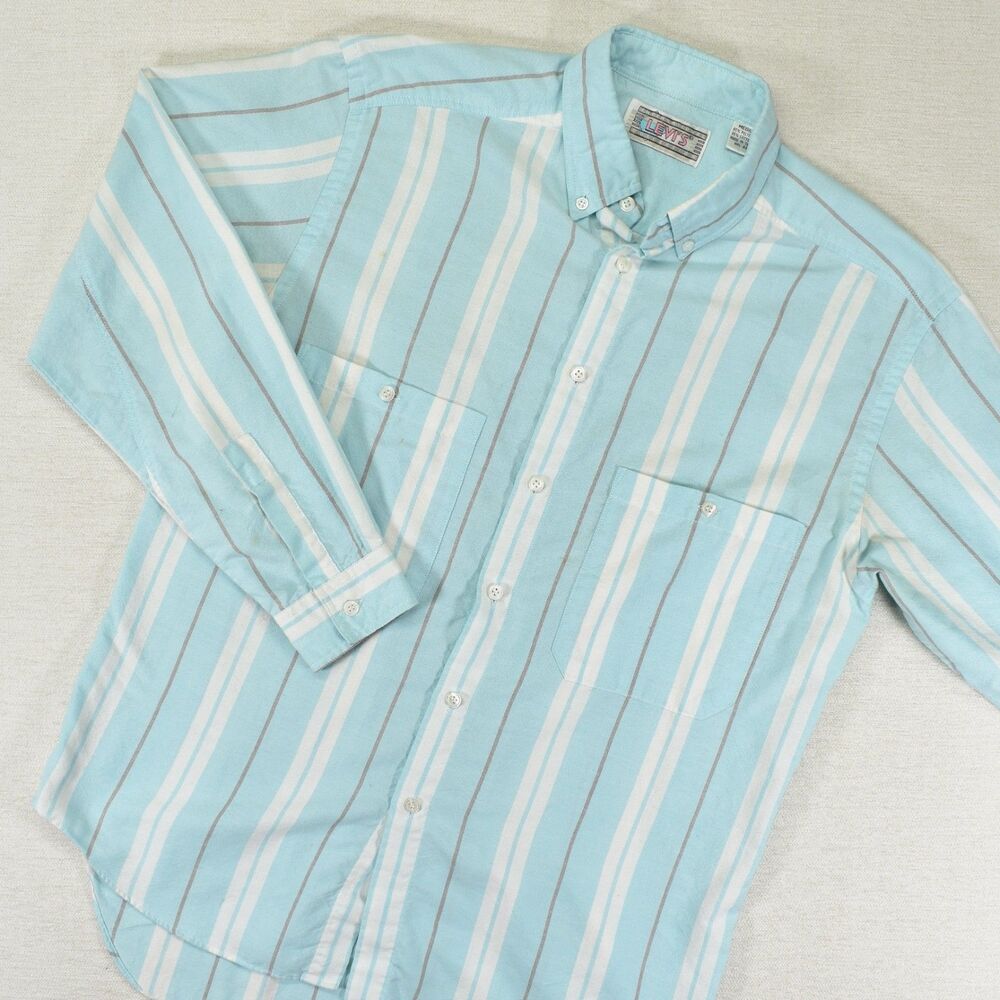 Vintage Levis Mens Medium Teal Striped Button Down Shirt 80s 90s Long Sleeve
